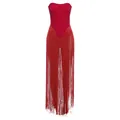 Elegant sexy red strapless leotard bodysuit featuring long shimmering fringe tassels - S / Tops / Red