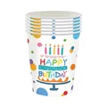 Detailed macro shot of stacked colorful polka dot Happy Birthday party paper cups - Paper Cup / 16 Pieces Pack