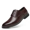 Men's brown lace-up business formal leather shoes with brogue detail in 45-degree view. - 5811 Brown / 39