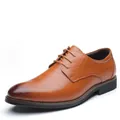 Classic men's tan leather lace-up dress shoes with sophisticated brogue detailing and polished toe - Yellow / 38