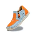 Detailed view of stylish orange and blue leather ankle boots featuring a side zipper - 38 / Orange
