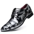 Elegant pointed-toe men's business dress shoes with stylish black silver pattern design - 37 / Gray