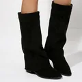 Bottes mi-mollet élégantes en daim noir pour femmes avec semelles plates confortables - 36 / Noir