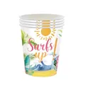 Close-up of disposable paper cups with Surfs up! summer beach theme print. - Paper Cups (Pack of 24)