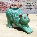 Ceramic cat planter for succulents showing dimensions 17cm length, 9cm width, 10cm height - Stretching Pose / Green Cat