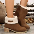 Brown suede women's snow boots with white fleece lining and chunky block heel - Dark Brown