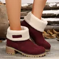 Winter women's burgundy suede ankle boots with white faux fur collar and block heel - 36 / Burgundy