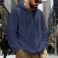 Chemise à capuche boutonnée en lin bleu marine décontractée pour hommes, coupe ample - Bleu marine