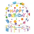 Close-up detail of colorful polka dot disposable paper plates with Happy Birthday text - 9 Inch Plate / 16 Pieces Pack