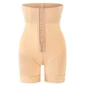 Seamless high-waisted nude shapewear with front hook closure and elegant lace trim detail. - XS / Nude