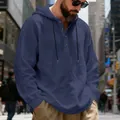 Men's navy blue linen hooded Henley shirt, loose fit breathable long sleeve beach hoodie - Navy Blue