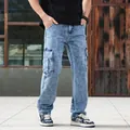 Men's light blue loose straight multi-pocket vintage cargo jeans for casual outdoor wear - 30 / Bottoms / Light Blue