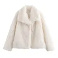 Close-up of white faux fur coat showing soft plush texture and wide collar - White