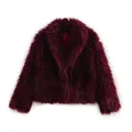 Elegant burgundy faux fur jacket with a soft shawl collar and plush texture details. - XS / Tops / Burgundy