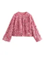 Detailansicht einer rosa Damenjacke aus Kunstpelz mit schimmernden Pailletten-Applikationen - S / Oberteile / Fuchsia