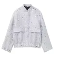 Detailed view of a grey sequined tweed jacket with front pockets and stand collar. - XS / Tops / Original Silver