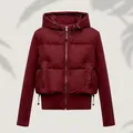 Front view of a maroon hooded hybrid puffer jacket with sleek sleeves for autumn. - XS / Tops / Burgundy