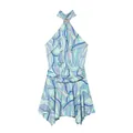 Ärmelloses Halterneck-Minikleid für den Sommer mit hellblauem abstraktem Wirbelprint - S / Kleider / Blau-Violetter Blumendruck