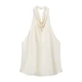 Detailed view of champagne silk satin halter top featuring an elegant draped cowl neckline - XS / Tops / Champagne