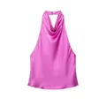 Close-up detail of a pink satin halter-neck backless top showing smooth silk-like texture - XS / Tops / Rose Pink