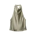 Detailed view of champagne satin halter top featuring a cowl neck and back button closure - XS / Tops / Champagne