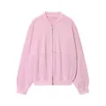 Front view detail of a minimalist pink women's zip-up bomber sweatshirt with ribbed cuffs - S / Tops / Pink