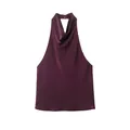 Elegant wine red satin halter neck backless top with smooth glossy finish on white. - XS / Tops / Burgundy
