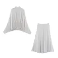 Two-piece elegant white polka dot high-neck long sleeve top and A-line skirt set - XS / Top And Bottom / White