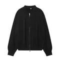 Front view of an oversized black zip-up bomber jacket with dropped shoulder seams - S / Tops / Black