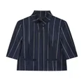 Close-up of navy blue striped cropped jacket with standing collar and welt pockets - XS / Tops