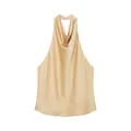 Elegant champagne satin halter neck top featuring a sophisticated draped backless design. - XS / Tops / Champagne