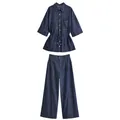 Two-piece dark denim set featuring tie-waist shirt and elegant wide-leg trousers - XS / Top And Bottom / Denim Blue