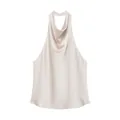 Close-up detail of an elegant champagne silk satin halter neck backless top for women - XS / Tops / Champagne