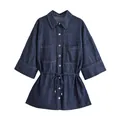 Dark blue denim shirt with drawstring waist and chest pockets on white background - XS / Tops / Denim Blue