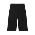 Detail of black high-waisted wide-leg shorts with hidden button closure and pleats. - XS / Bottoms / Black