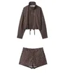 Modisches braunes Polka-Dot-Zweiteiler-Set mit einer Kordelzug-Jacke und Mini-Shorts - S / Oberteil Und Unterteil / Kaffee Set