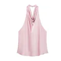 Detail view of the pink satin halter neck backless top with soft cowl neckline texture - XS / Tops / Light Pink