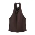 Detailed front view of a chocolate brown silk satin halter neck backless cowl top - XS / Tops / Chocolate