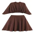 Elegant brown polka dot long sleeve blouse and pleated skirt two-piece set variant - XS / Top And Bottom / Brown