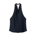Elegant navy blue satin halter neck backless top with draped front and smooth finish - XS / Tops / Dark Blue