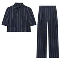 Elegant navy blue pinstripe cropped blazer and high-waisted straight-leg trousers suit set - XS / Top And Bottom