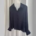 Soft satin island silk long sleeve shirt with elegant ruffled cuffs in dark navy - XS / Tops / Navy Blue