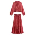 Elegant dusty rose two-piece set featuring pleated crop top and matching long skirt. - Top And Bottom