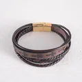 Vintage multi-layer brown and black leather braided bracelet with gold magnetic clasp. - 7.5in
