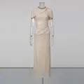 Elegant champagne floor-length dress with cape sleeves and crystal neckline detail. - S / Dresses / Apricot