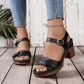 Stylish black women's peep-toe chunky heel sandals with adjustable velcro straps. - 36 / Black