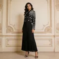 Elegant black two-piece skirt set with pearl bead embellishments and pleated maxi skirt - M / Top And Bottom / Black