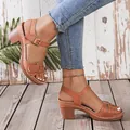 Casual tan peep-toe sandals with stable chunky heels and an adjustable velcro strap - 36 / Tan