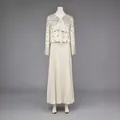 Elegant cream pleated maxi skirt set with heavy beaded sequin jacket for women - M / Top And Bottom / White