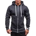 Front view of a dark grey men's zip-up hoodie with white drawstrings - Dark Gray